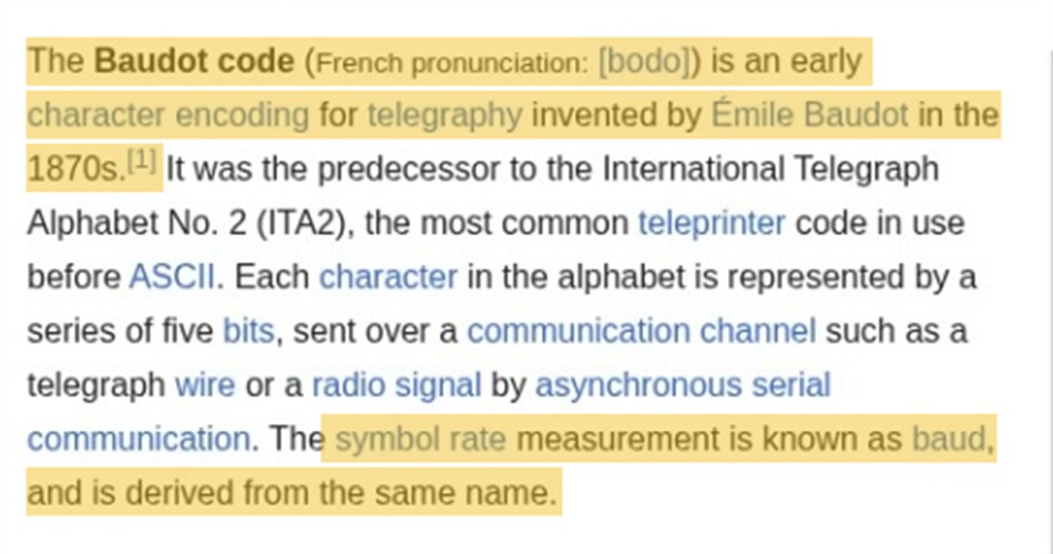 Wikipedia article excerpt, highlighted: the Baudot code is an early character encoding invented by Émile Baudot in the 1870s; the symbol rate is known as baud