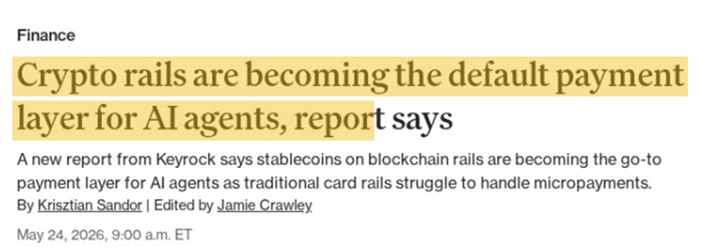 CoinDesk headline, highlighted: Crypto rails are becoming the default payment layer for AI agents, report says